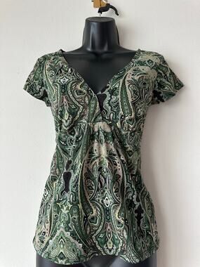 Vintage Y2K  Paisley Empire Waist Top Babydoll XS Green Boho Y2K Stretch Blouse